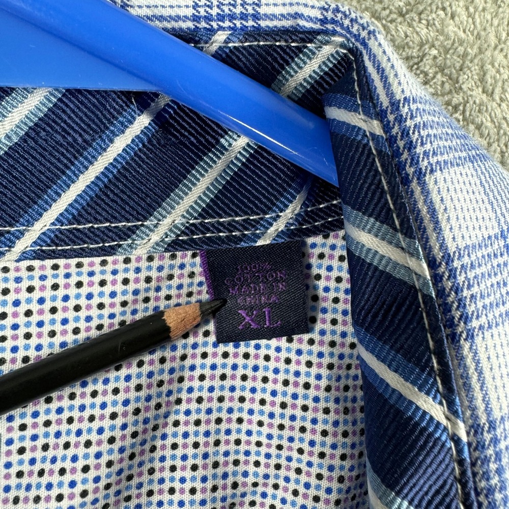 Michelsons London Mens XL Blue Checkered Long Sleeve Button Down Dress Shirt - Picture 3 of 9